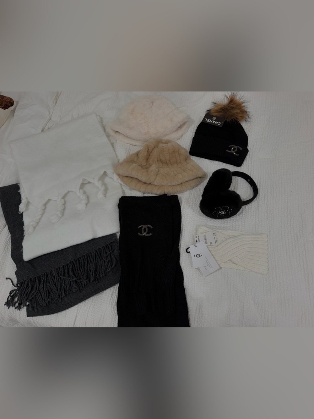 UGG head wrap Black Knit Beanie with Pom Pom and Ear Muffs - Winter Bundle